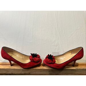 Kate Spade Red Suede Floral Kitten Heels, size 7